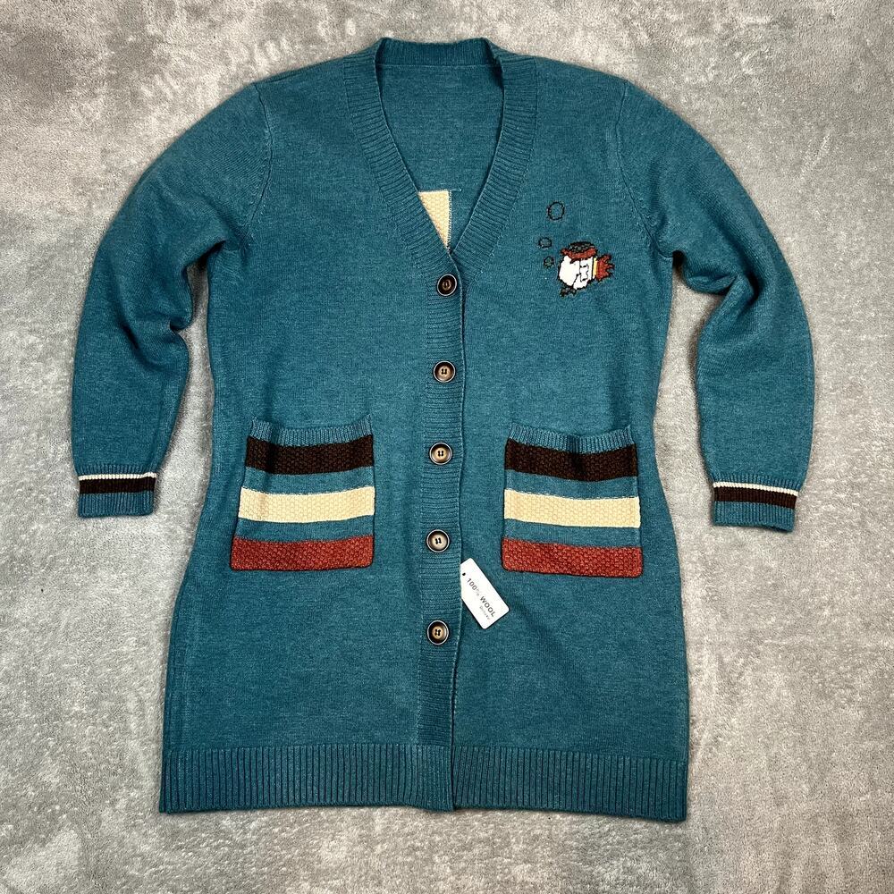 100% Wool Longline Cardigan Sweater Women’s L Novelty Knit Whimsical‎ Korea NWT
